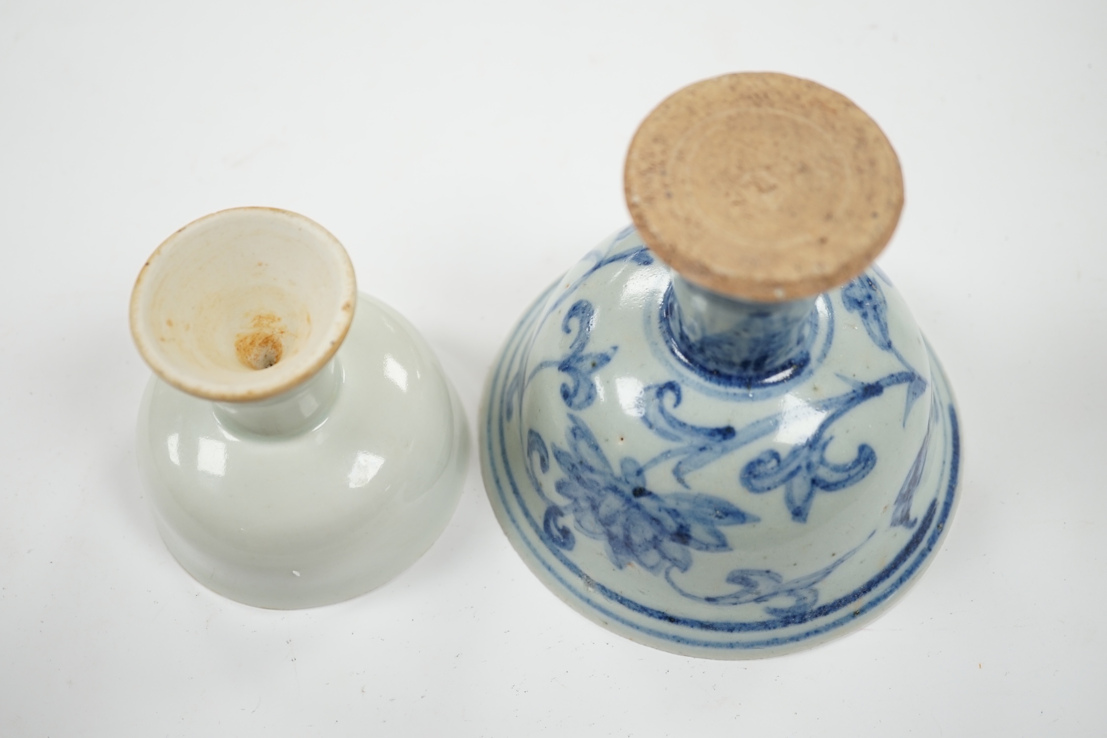 Two Chinese stem cups including a blue and white example, 10.5cm. Condition - fair to good